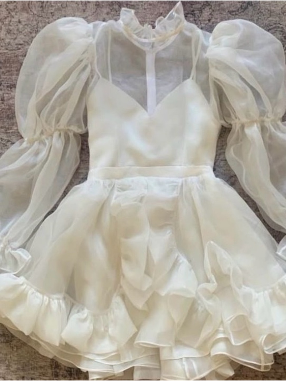 Mini Caspian Sheer Puff-Sleeve Ivory Mini wedding gown engagement party dress